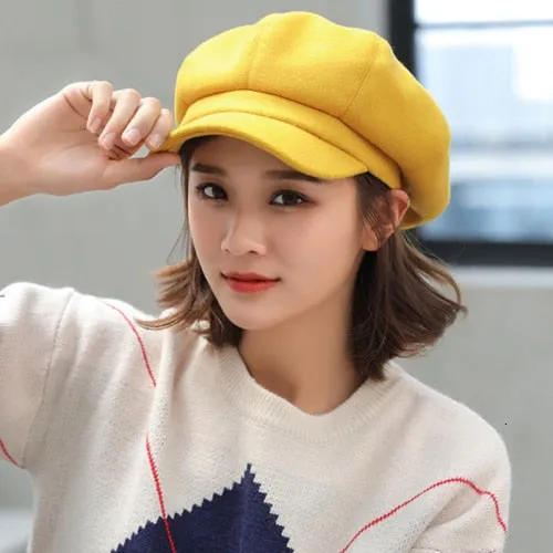 Adjustable Winter Beret for Women Solid Plain Octagonal Newsboy Cap