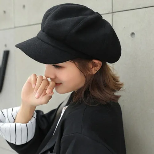 Adjustable Winter Beret for Women Solid Plain Octagonal Newsboy Cap