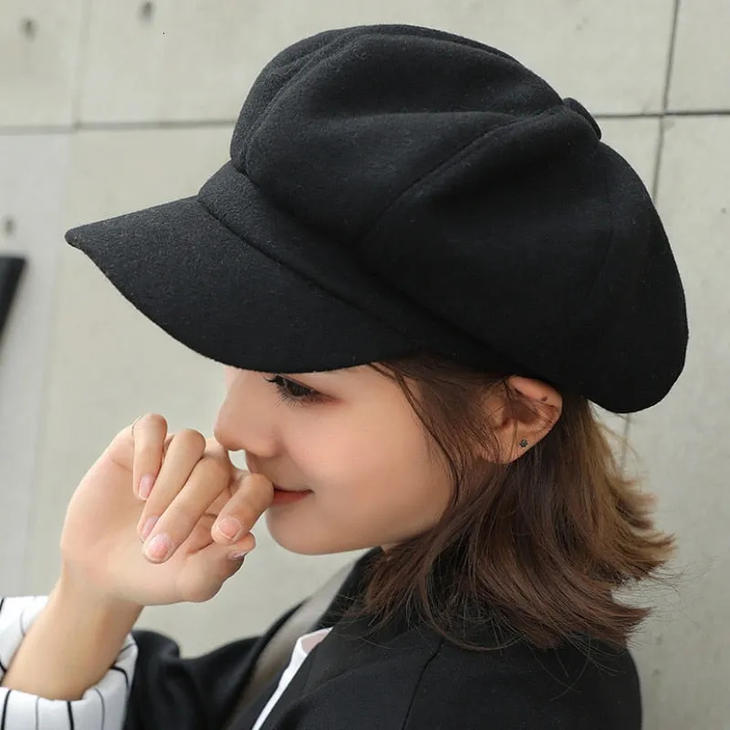 Adjustable Winter Beret for Women Solid Plain Octagonal Newsboy Cap