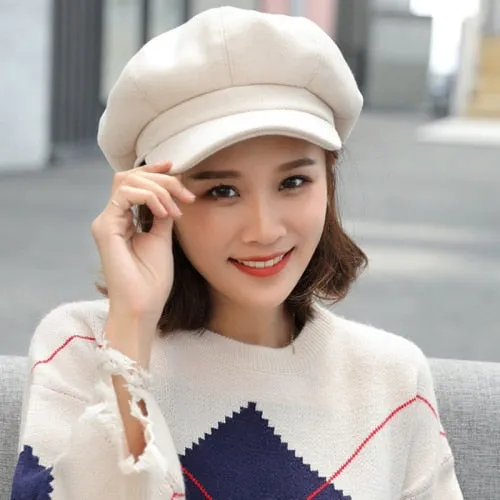 Adjustable Winter Beret for Women Solid Plain Octagonal Newsboy Cap