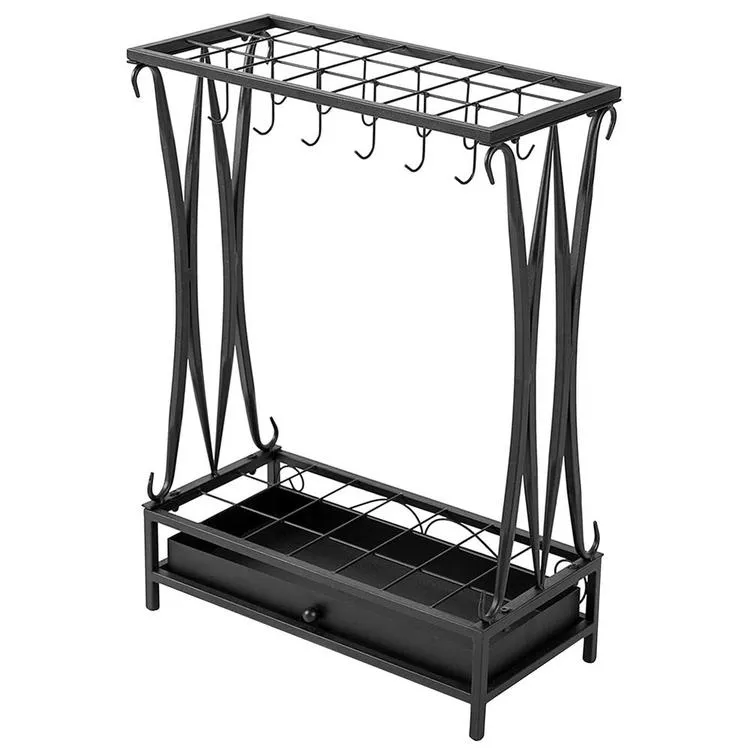 Black Metal Umbrella Rack with Drip Tray