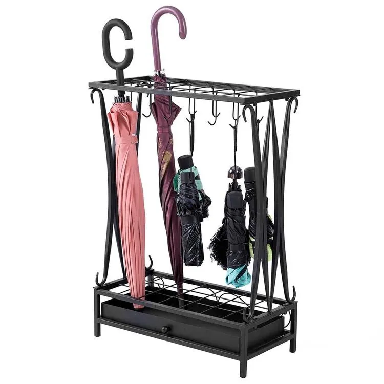 Black Metal Umbrella Rack with Drip Tray