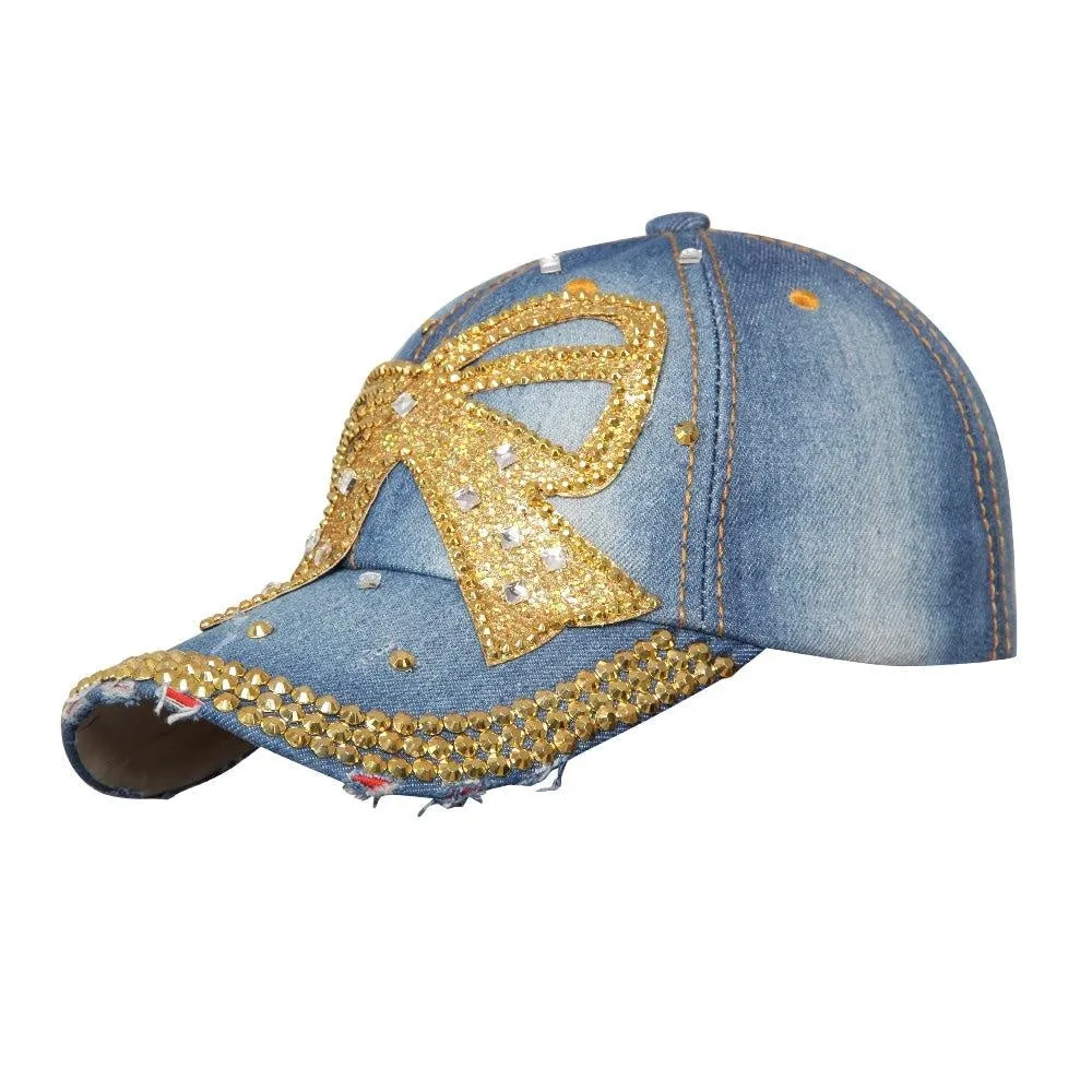 Denim Medium Studded Cap for Women and Girls, Adjustable strap