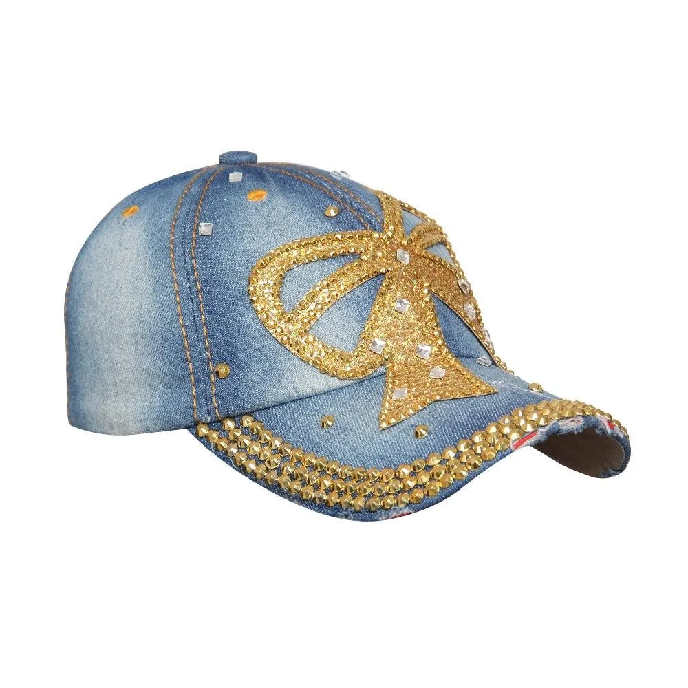 Denim Medium Studded Cap for Women and Girls, Adjustable strap