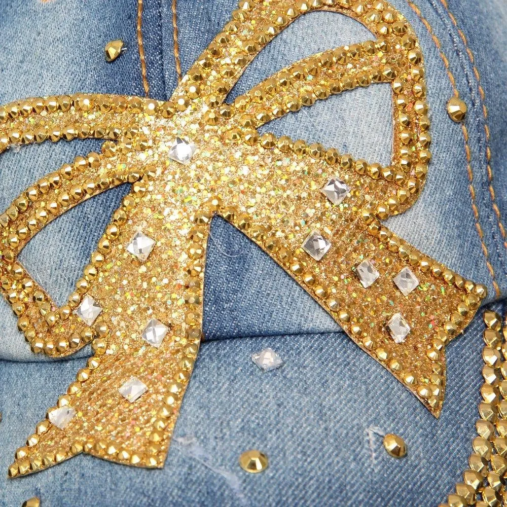 Denim Medium Studded Cap for Women and Girls, Adjustable strap