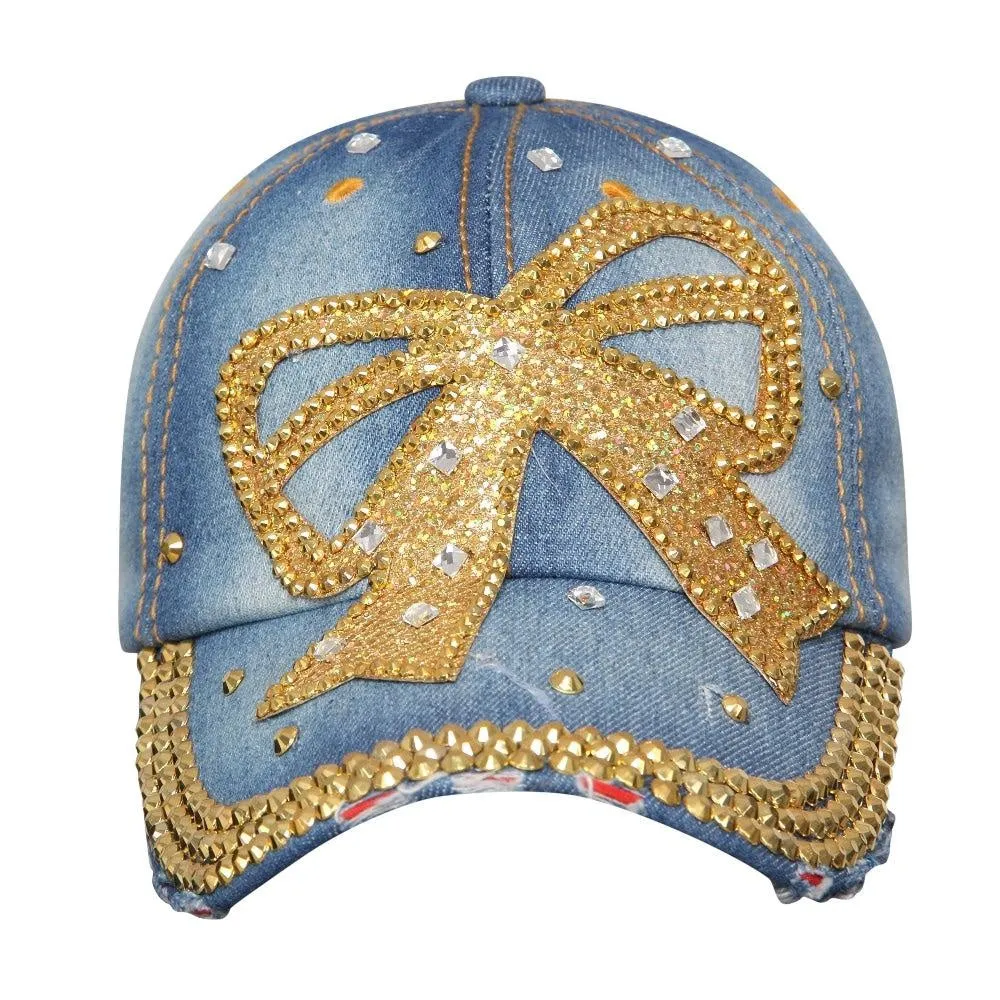 Denim Medium Studded Cap for Women and Girls, Adjustable strap