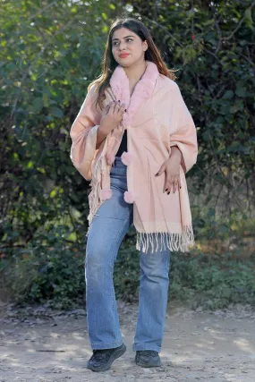 Lovely Baby Pink Colour Woollen Cashmere Faux Fur Cape Stole.