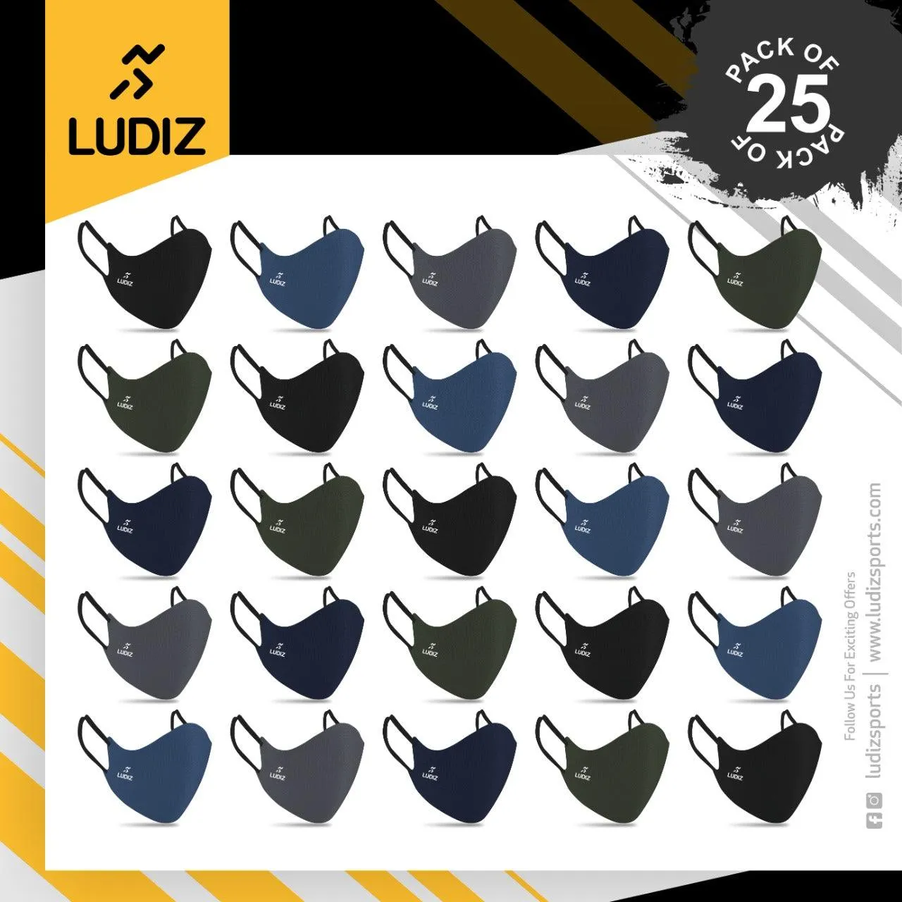 Ludiz Premium Reusable Face Masks with Ultra Soft Ear Loops (Pack of 25)